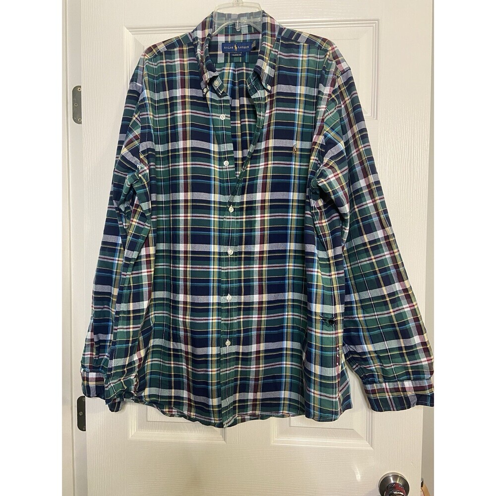 Polo Ralph Lauren Shirt Green Plaid Custom Fit Size XXL Tall - Shirt Has Tear